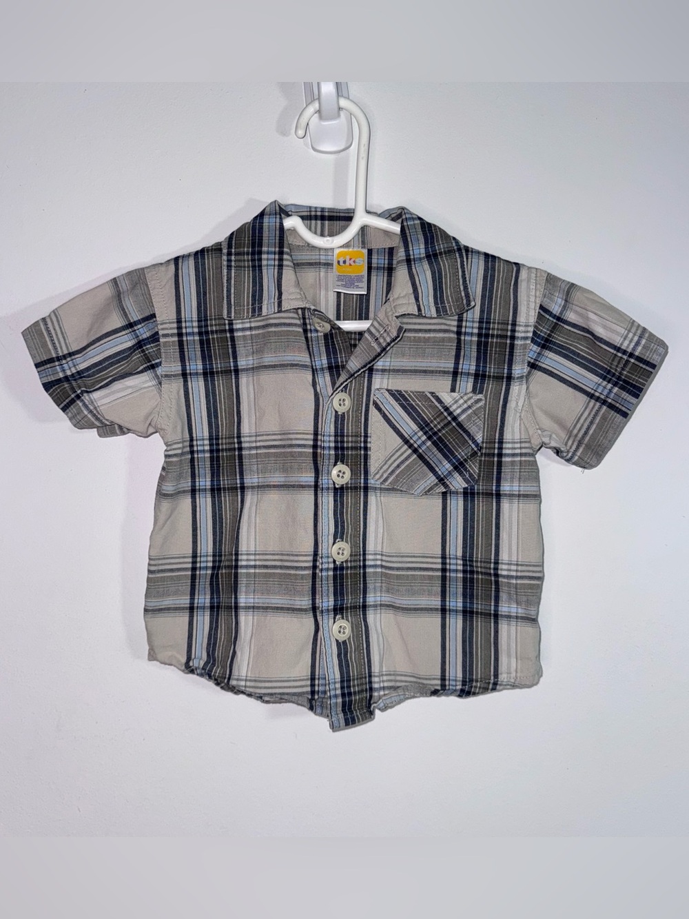 Vintage TKS Kids Boys 12M Plaid Short Sleeve Button Front Shirt 100% Cotton